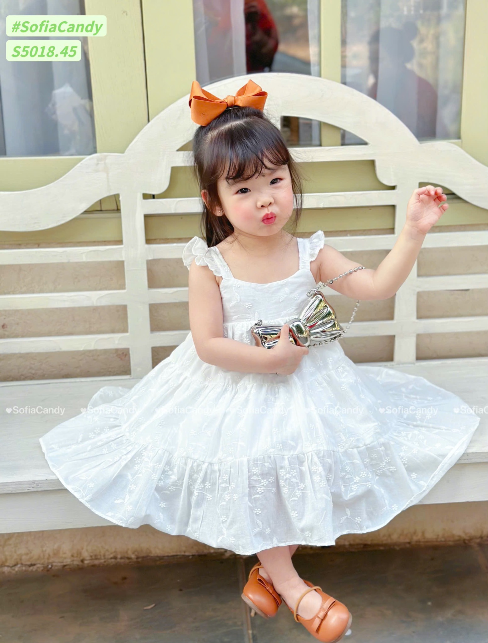 S5018 - Váy Sofia Candy hai dây cánh tiên màu trắng thêu hoa nổi size 1 - 10y