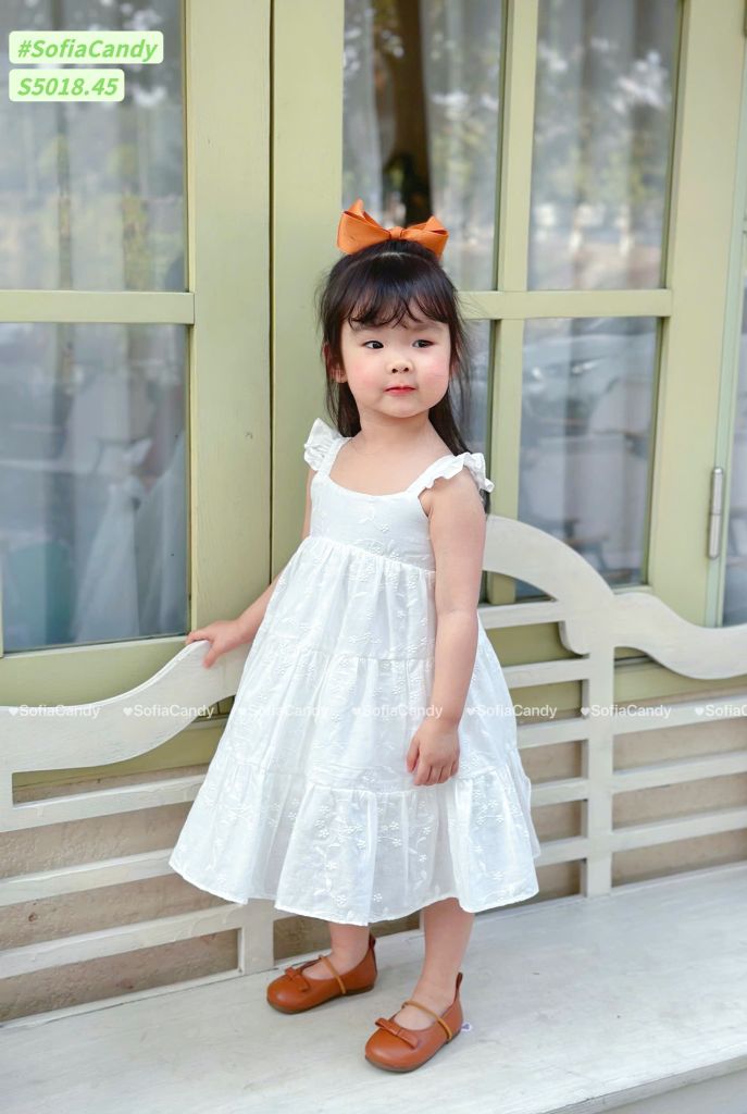 S5018 - Váy Sofia Candy hai dây cánh tiên màu trắng thêu hoa nổi size 1 - 10y