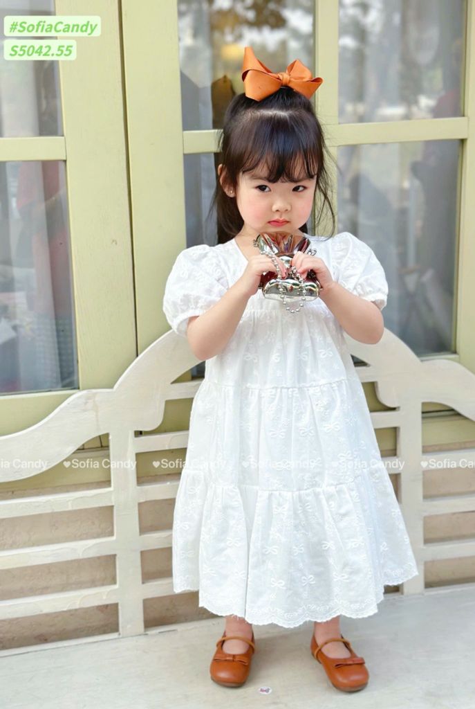 S5042 - Váy Sofia Candy thêu trắng tay phồng bé gái size 1-10y
