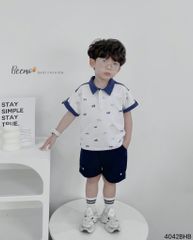 Bộ Beemo polo cộc tay áo trắng ô tô in tràn + quần navy bé trai size 80-130