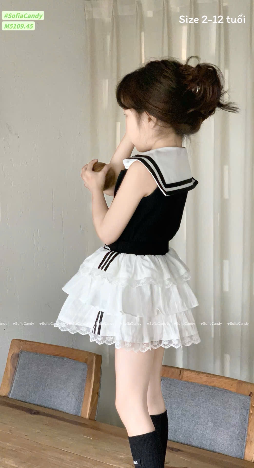 M5109 - Set bộ Sofia Candy thủy thủ áo cotton tăm đen + chân váy tầng bé gái size 2-12y