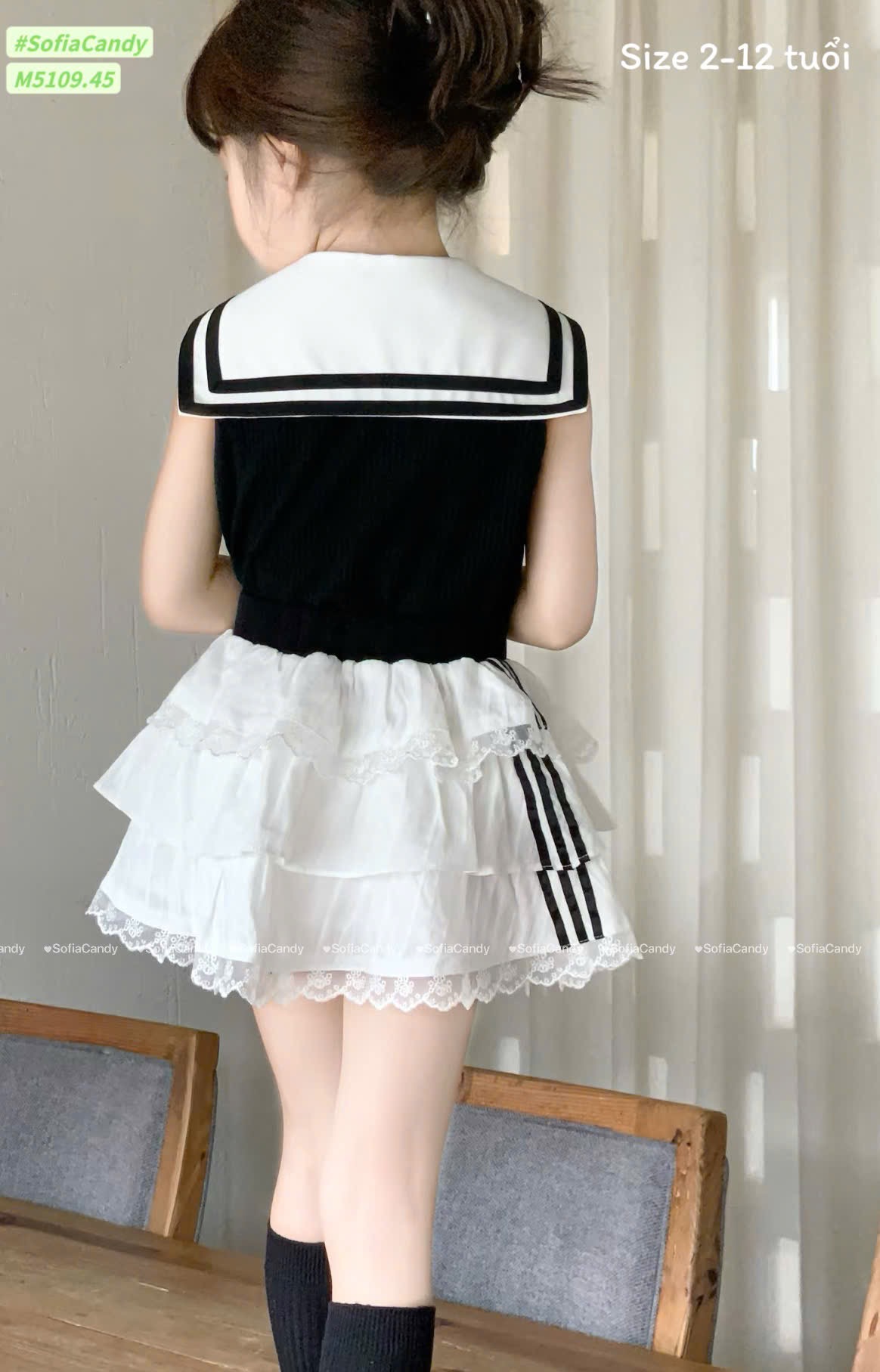 M5109 - Set bộ Sofia Candy thủy thủ áo cotton tăm đen + chân váy tầng bé gái size 2-12y
