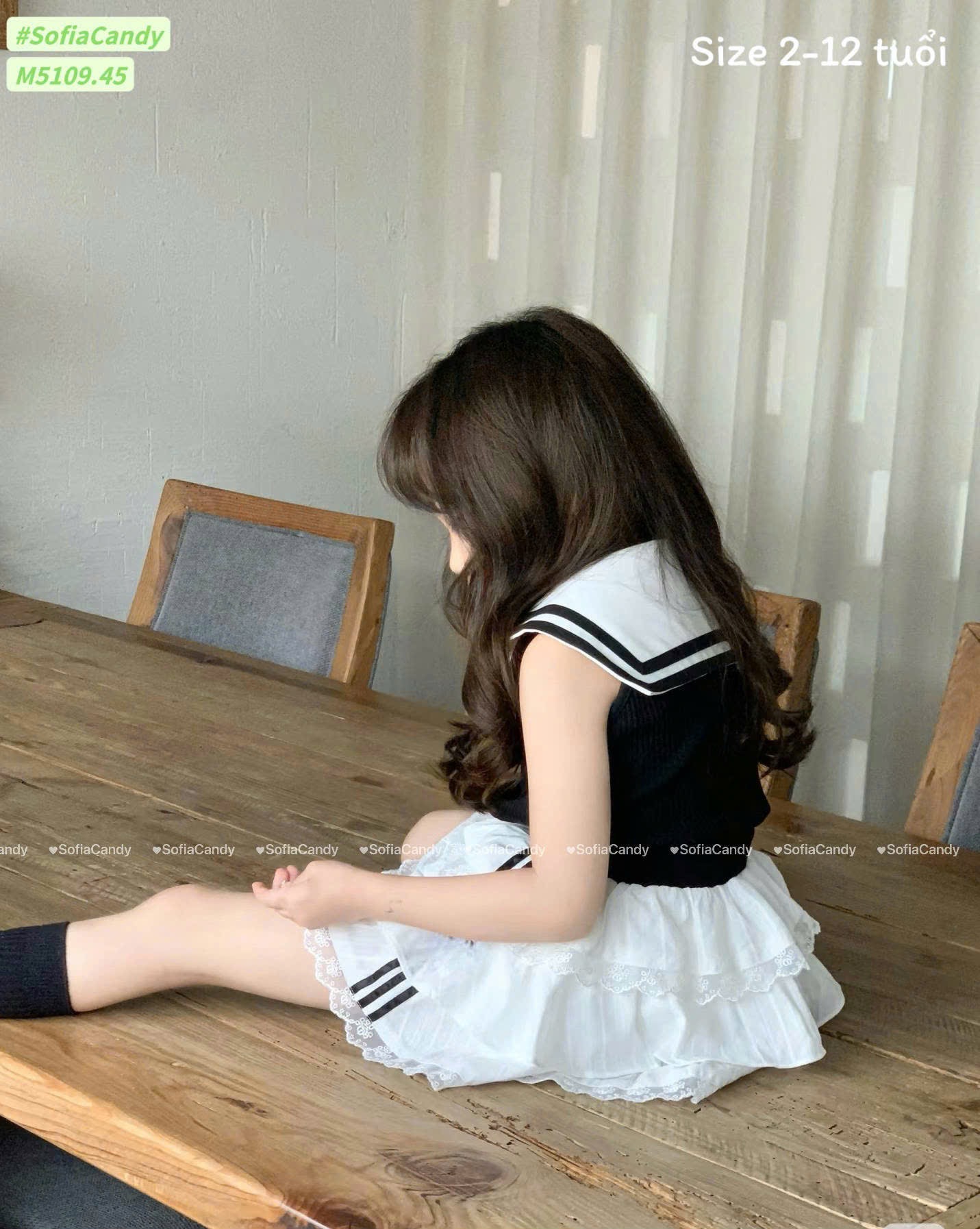 M5109 - Set bộ Sofia Candy thủy thủ áo cotton tăm đen + chân váy tầng bé gái size 2-12y