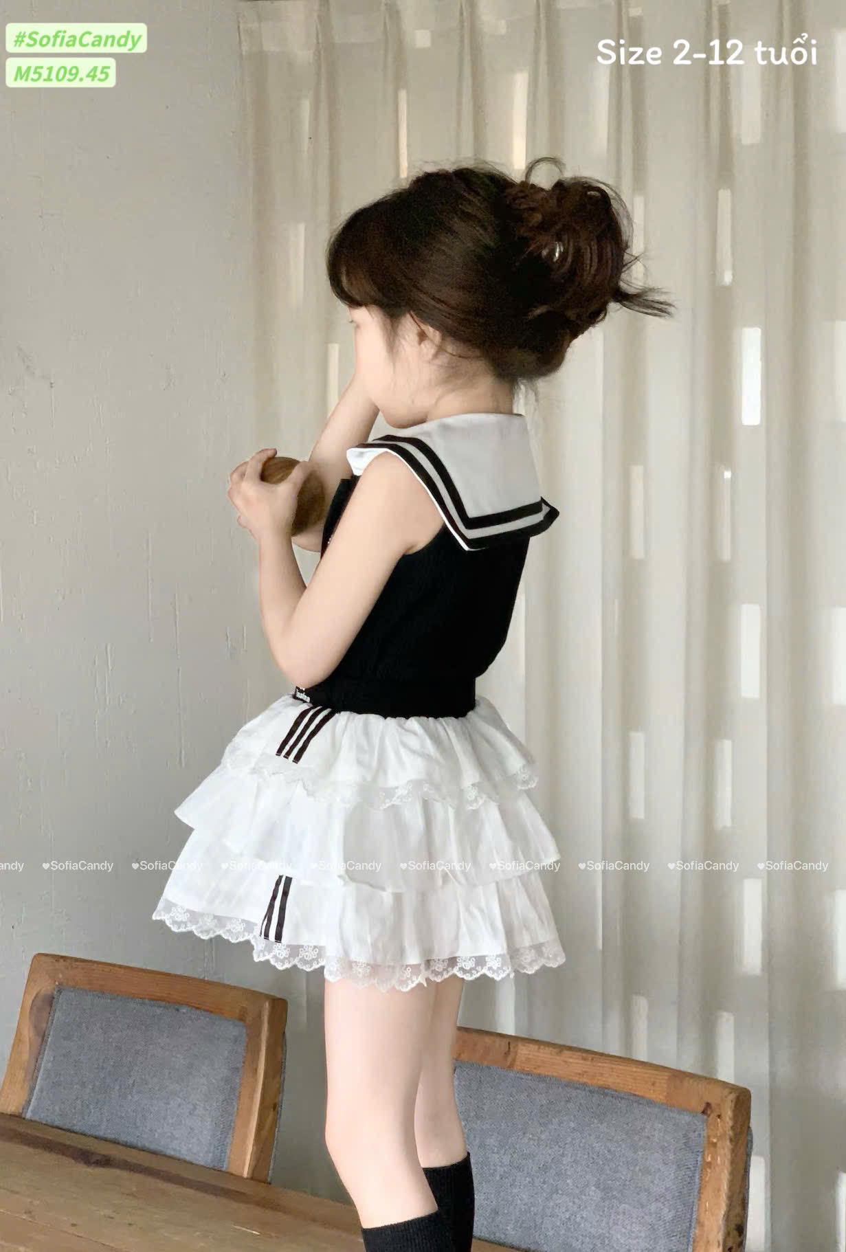 M5109 - Set bộ Sofia Candy thủy thủ áo cotton tăm đen + chân váy tầng bé gái size 2-12y