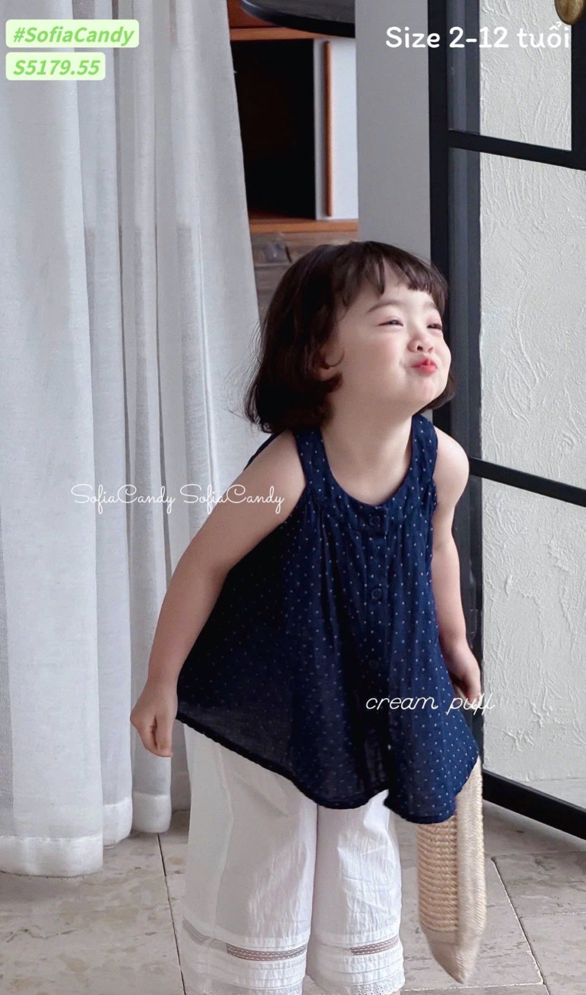 S5179 - Bộ Sofia Candy áo linen chấm bi navy + quần kaki trắng bé gái size 2-12y