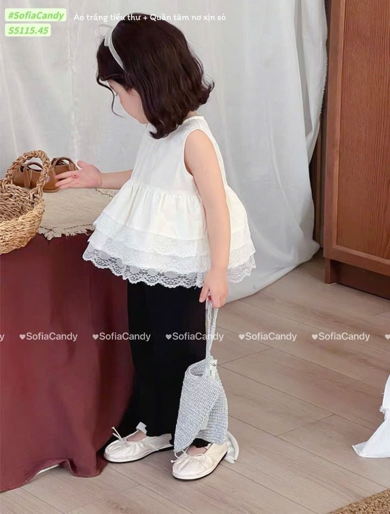 S5115 - Bộ Sofia Candy tiểu thư áo trắng + quần tăm đen bé gái size 1-10y
