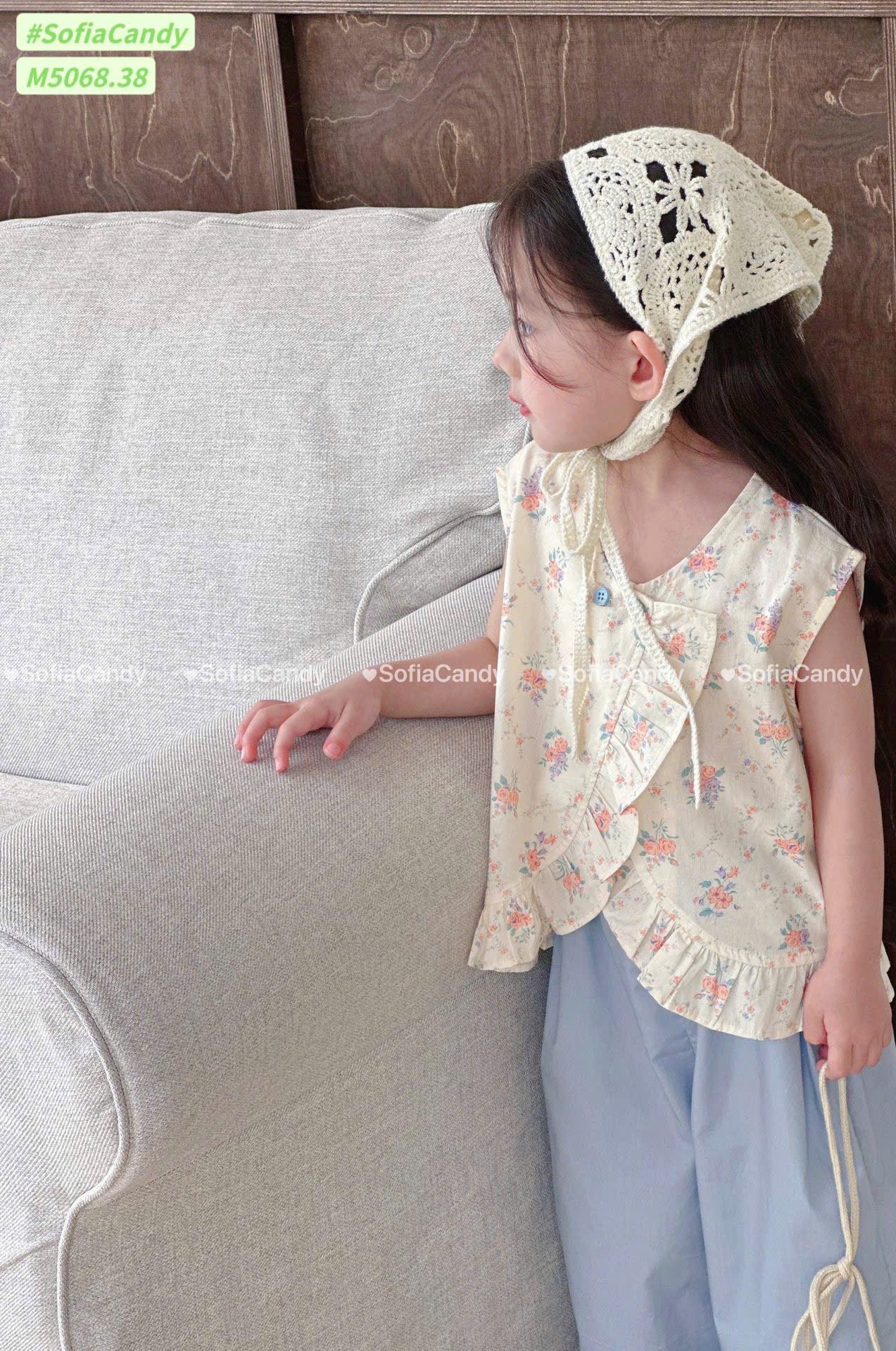 M5068 - Set bộ Mia Kids áo hoa hồng + quần xanh bé gái size 1-10y