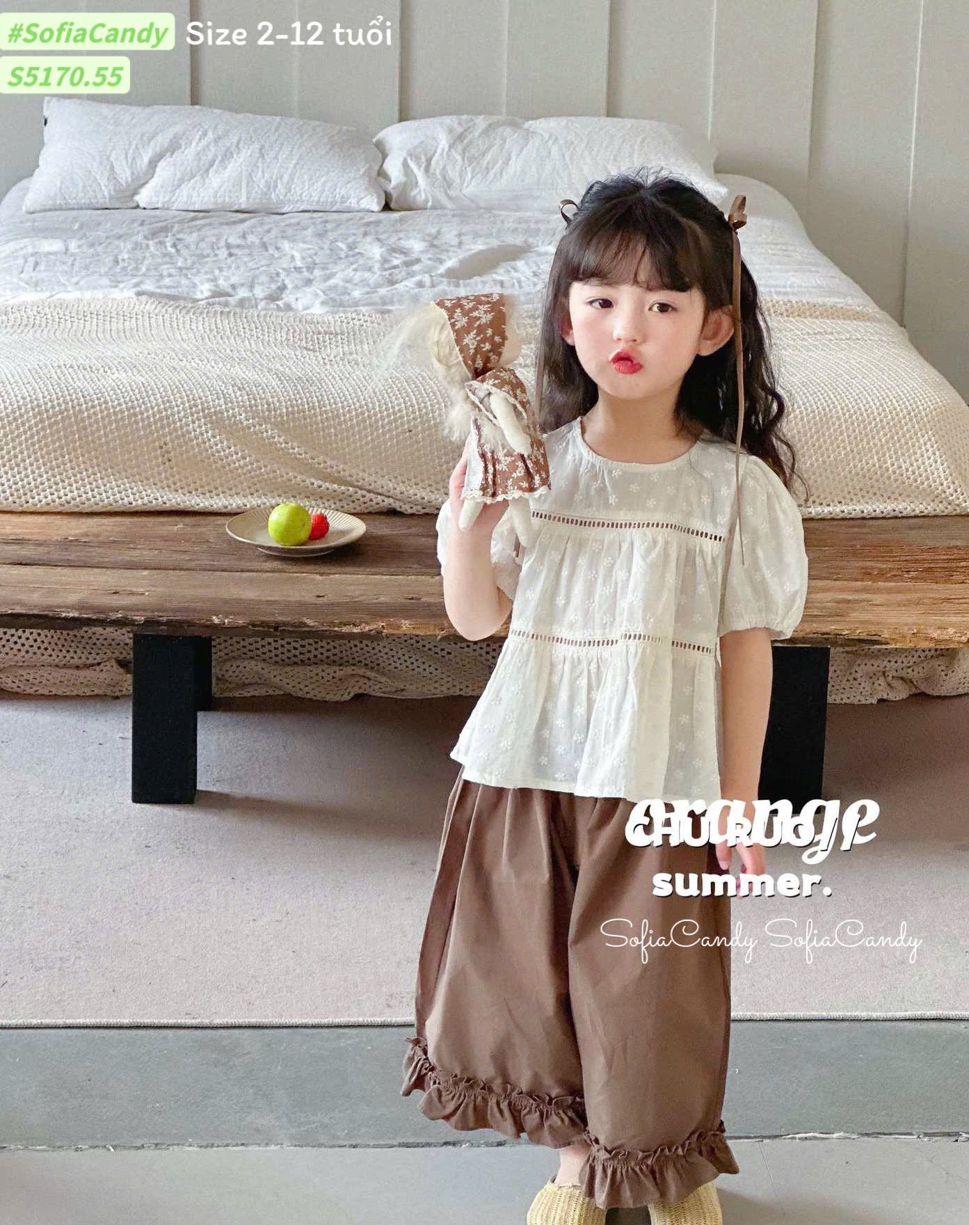 S5170 - Bộ Sofia Candy áo thêu phối quần nâu tây bé gái size 2-12y