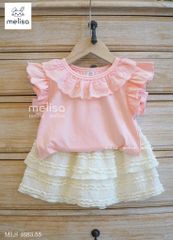 MLS 4689 + 4683 - Bộ Melisa áo thun cổ ren + chân váy 2 màu hồng/trắng bé gái size 2-12y