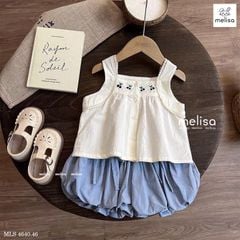 MLS 4640 - Bộ Melisa áo hai dây cổ thêu cherry + chân váy bí xanh bé gái size 2-12y