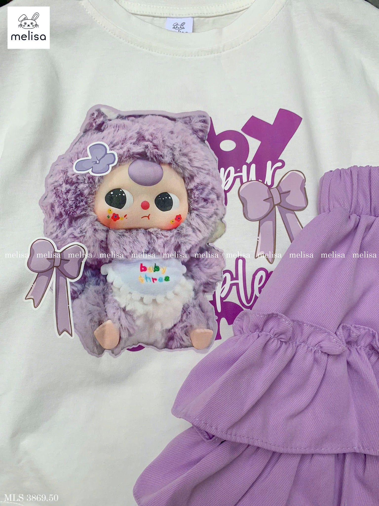 MLS 3869 - Bộ Melisa Baby Three áo trắng + chân váy tím bé gái size 2-12y