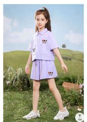 Bộ cotton Disney áo cổ đức dáng ngắn mix quần đùi 2 màu tím/ghi BG size 110-150
