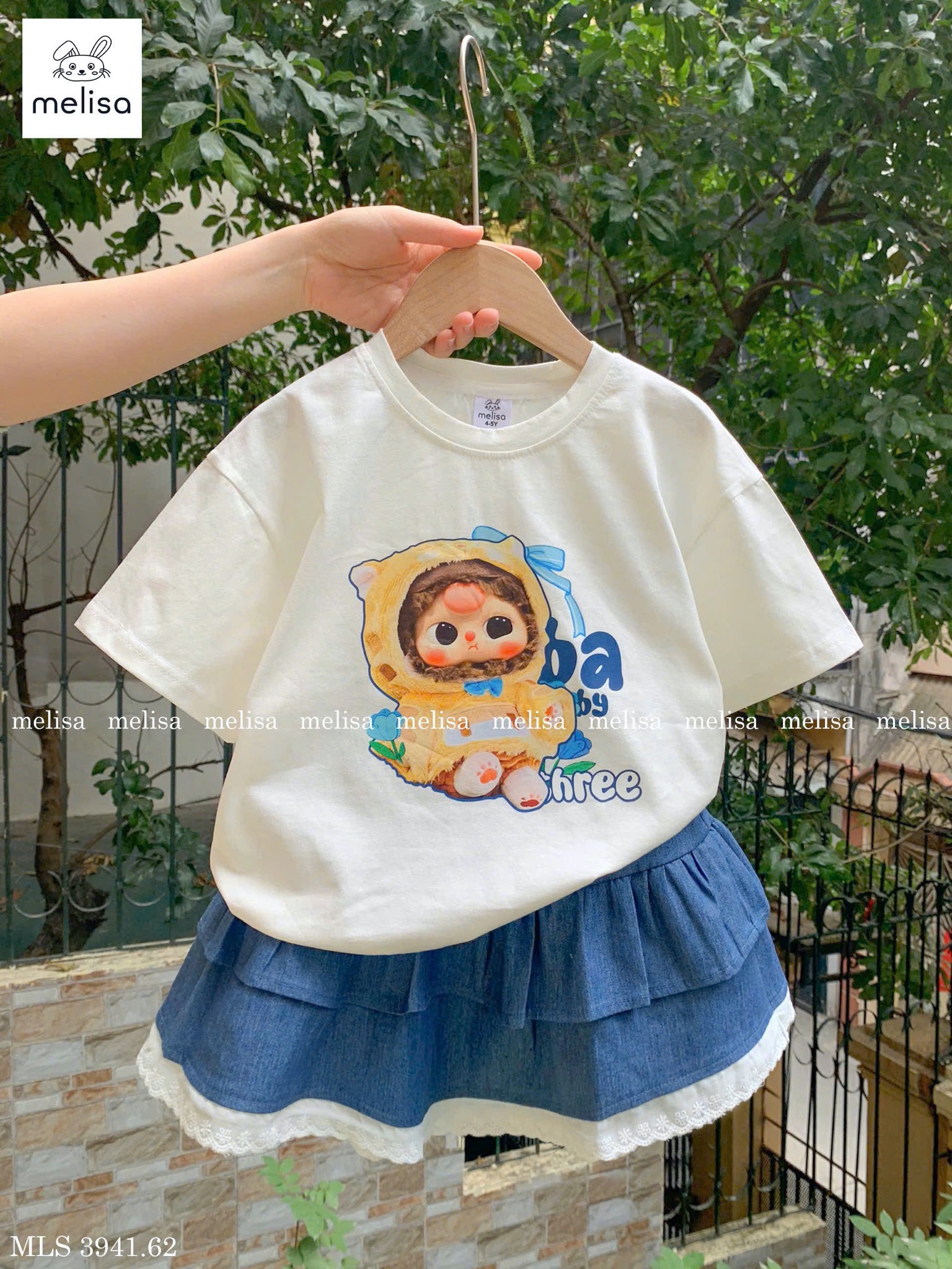 MLS 3941 - Bộ Melisa Baby Three + chân váy denim bé gái size 2-12y