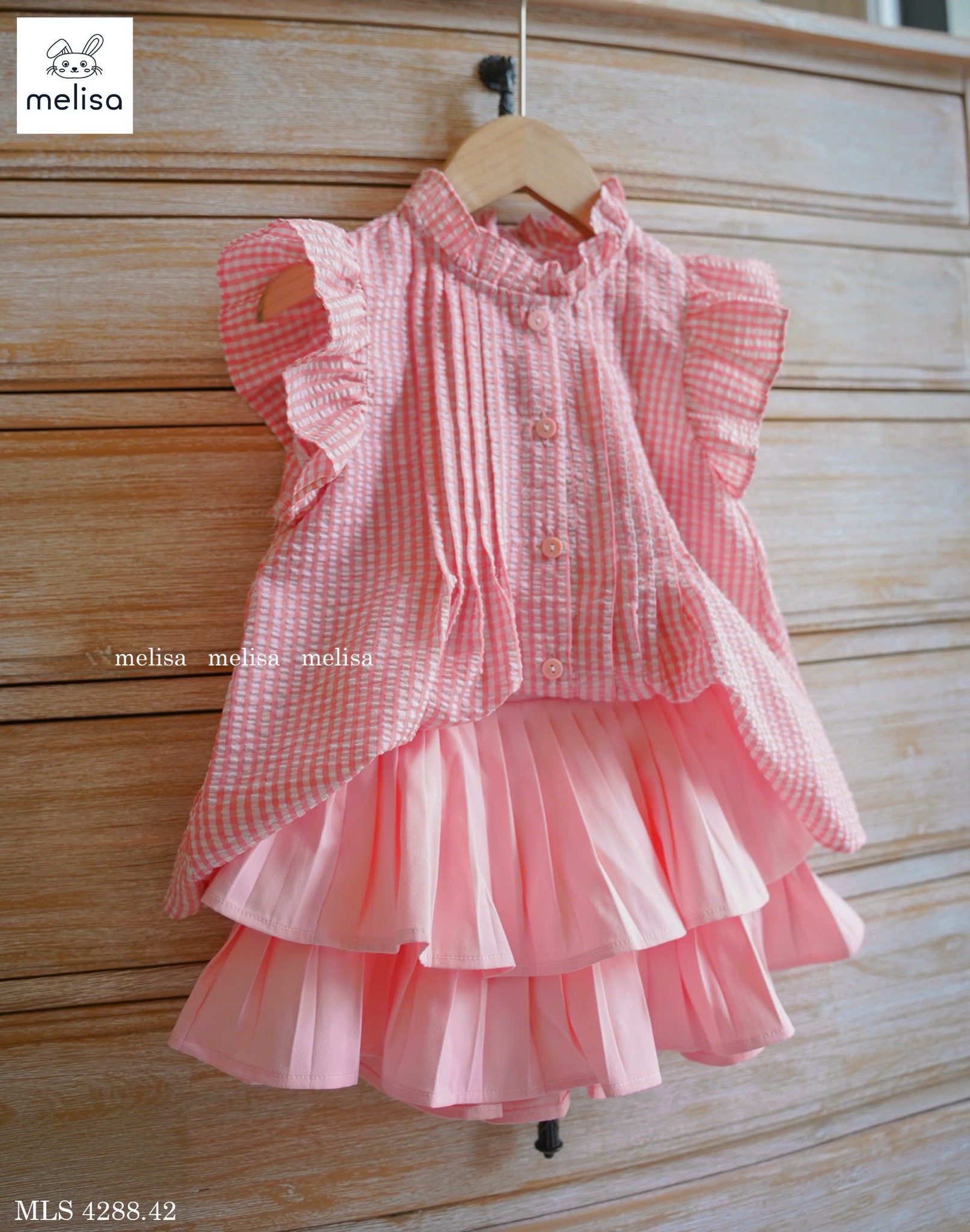 MLS 4288 - Set Melisa áo kẻ caro hồng trắng - chân váy xêp li hồng size 2 - 12y