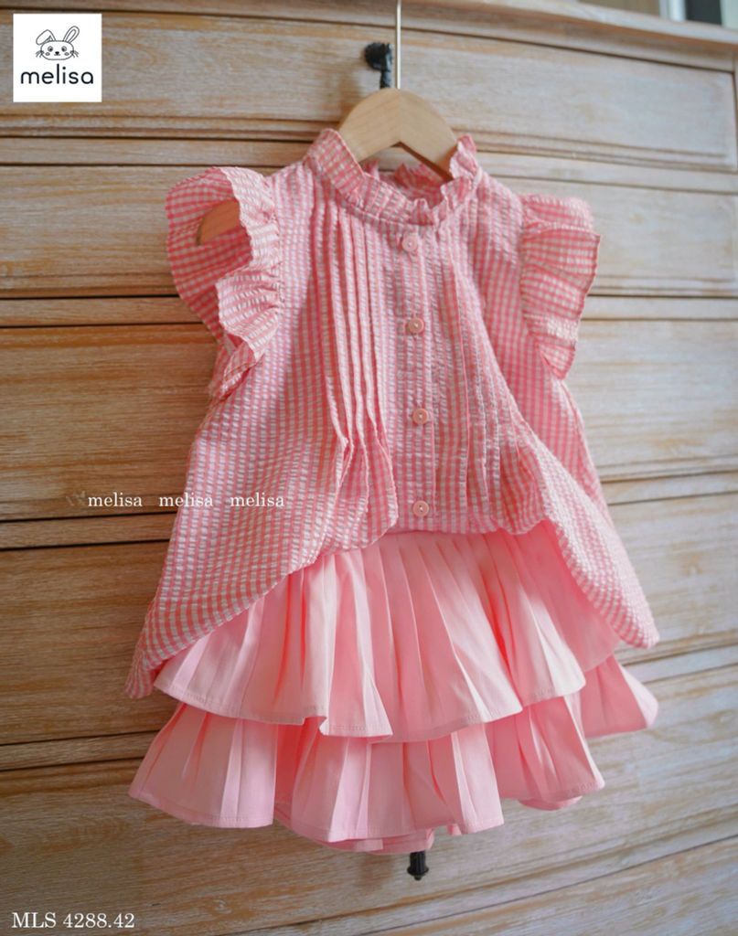 MLS 4288 - Set Melisa áo kẻ caro hồng trắng - chân váy xêp li hồng size 2 - 12y