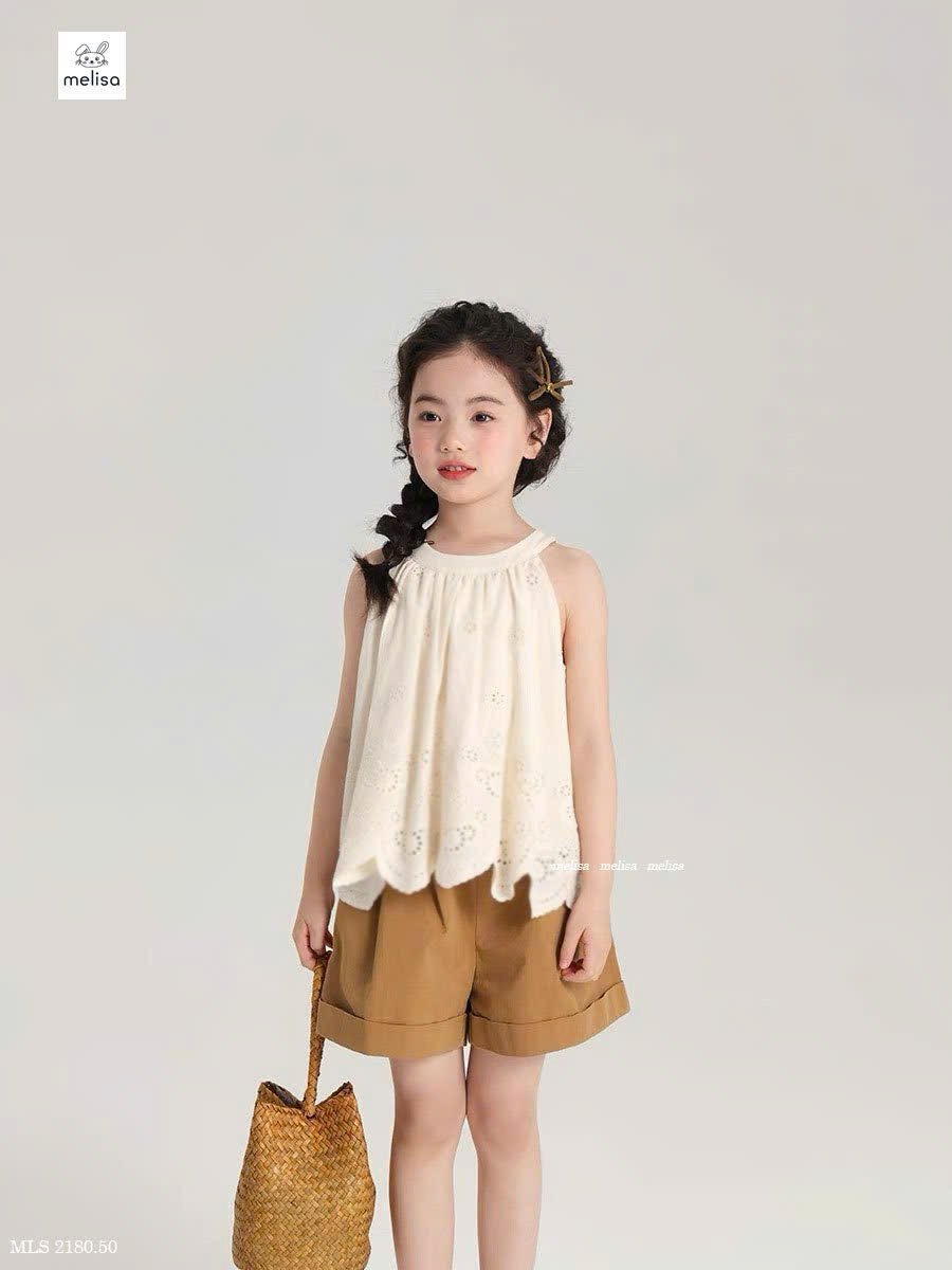 MLS 2180 - Bộ Melisa áo thô boil màu be cổ yếm + quần kaki nâu bé gái size 2-12y