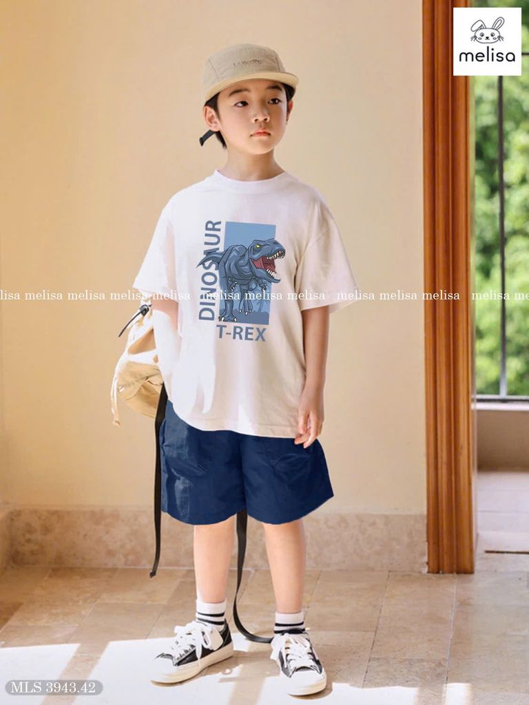 MLS 3943 - Bộ Melisa áo trắng khủng long T-rex + quần short xanh bé trai size 6-12y