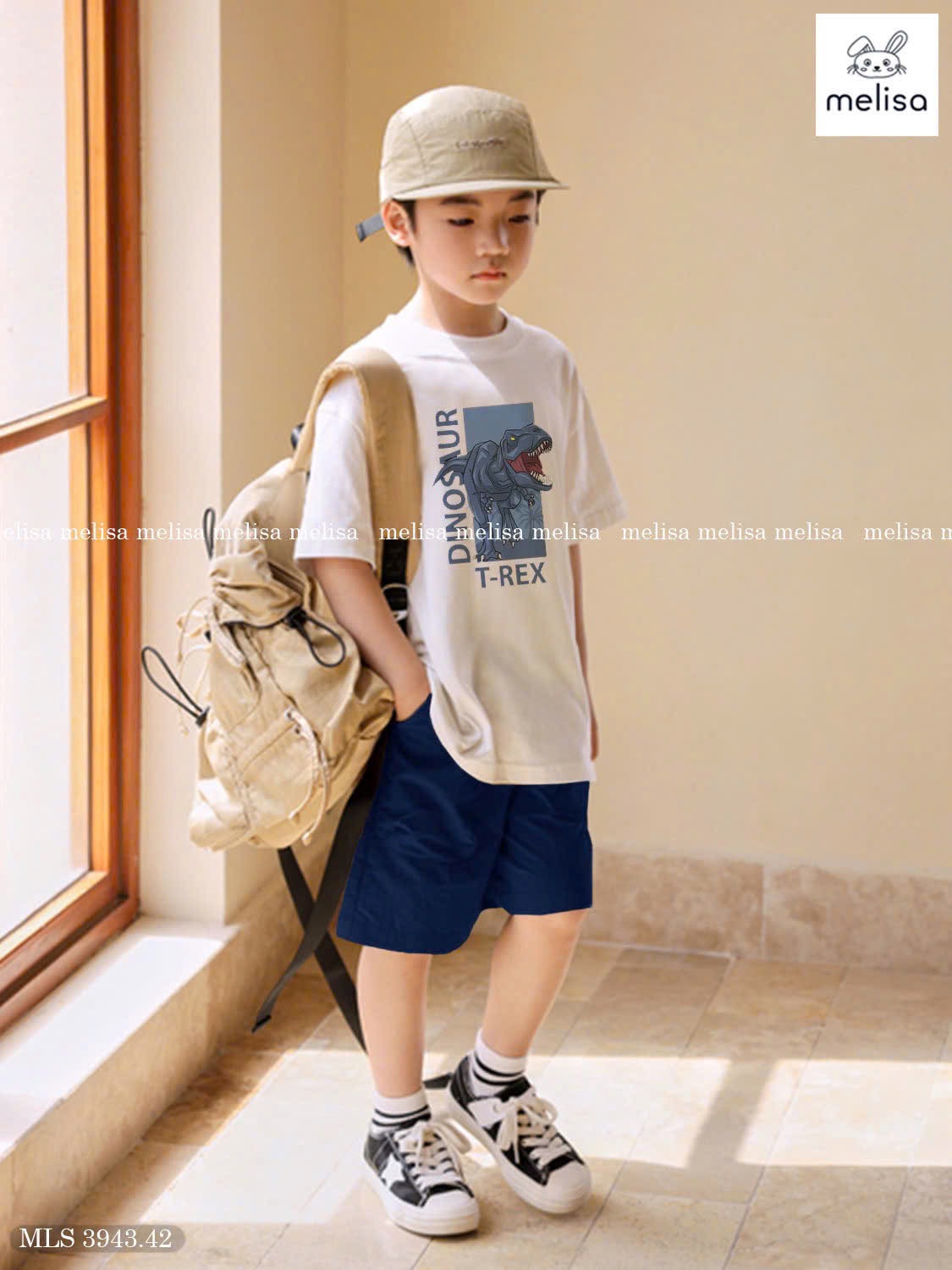 MLS 3943 - Bộ Melisa áo trắng khủng long T-rex + quần short xanh bé trai size 6-12y