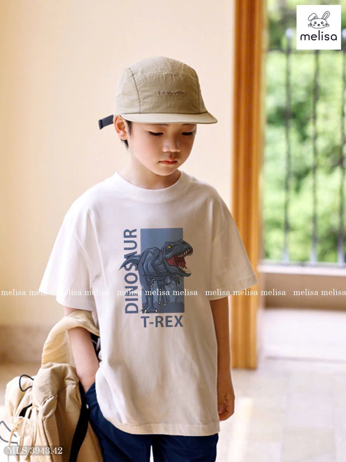 MLS 3943 - Bộ Melisa áo trắng khủng long T-rex + quần short xanh bé trai size 6-12y