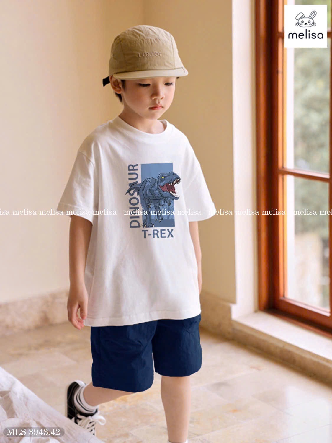 MLS 3943 - Bộ Melisa áo trắng khủng long T-rex + quần short xanh bé trai size 6-12y