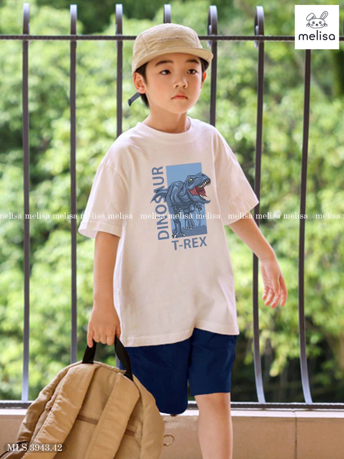 MLS 3943 - Bộ Melisa áo trắng khủng long T-rex + quần short xanh bé trai size 6-12y