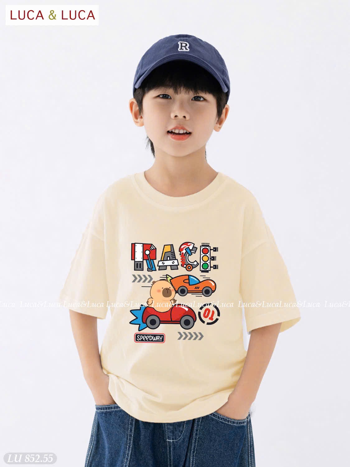 LU 852 - Bộ Luca Luca áo capybara Race màu be + quần jean bé trai size 2-12y