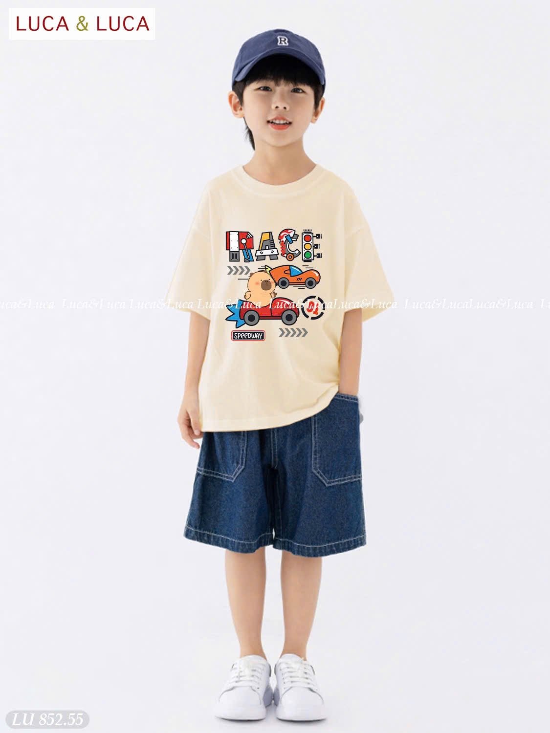 LU 852 - Bộ Luca Luca áo capybara Race màu be + quần jean bé trai size 2-12y