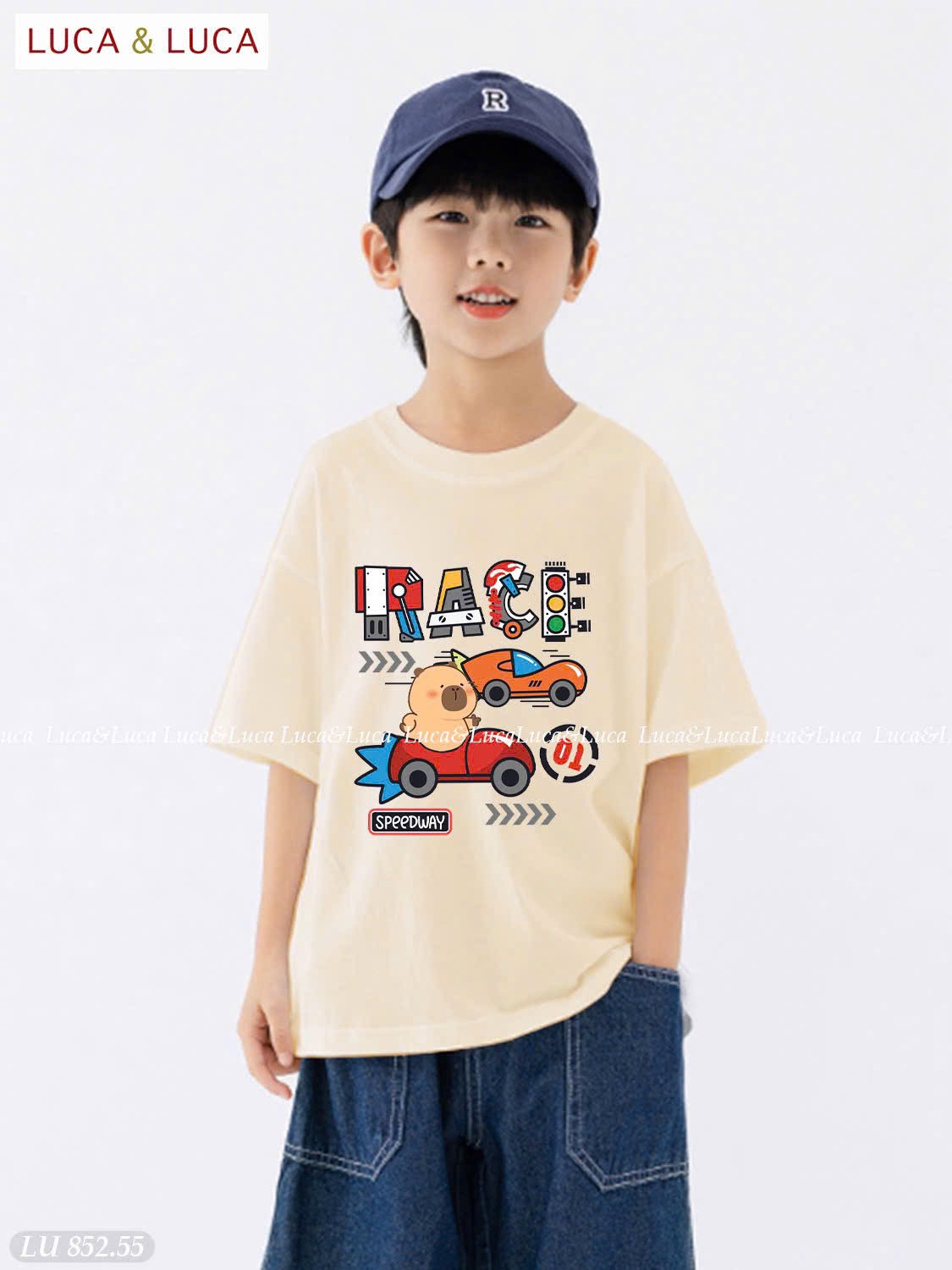 LU 852 - Bộ Luca Luca áo capybara Race màu be + quần jean bé trai size 2-12y