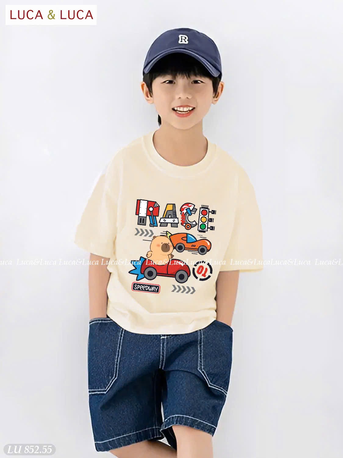 LU 852 - Bộ Luca Luca áo capybara Race màu be + quần jean bé trai size 2-12y