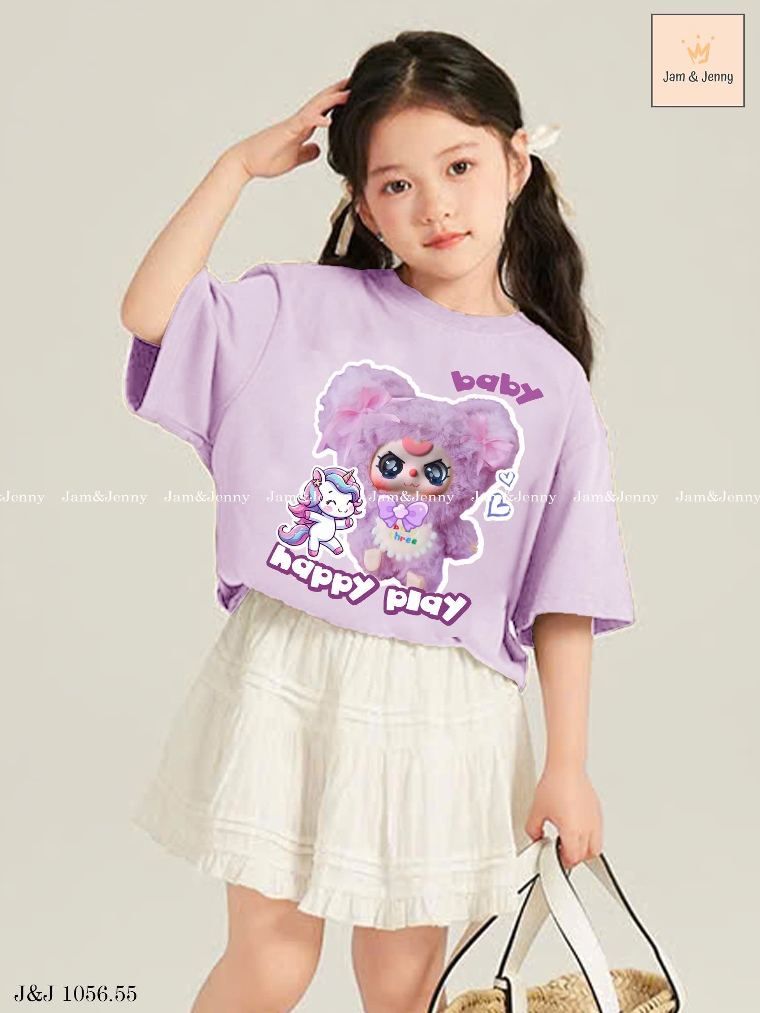 JJ 1056 - Bộ Jam & Jenny Baby Three khỉ tím áo tím + chân váy trắng bé gái size 2-12y