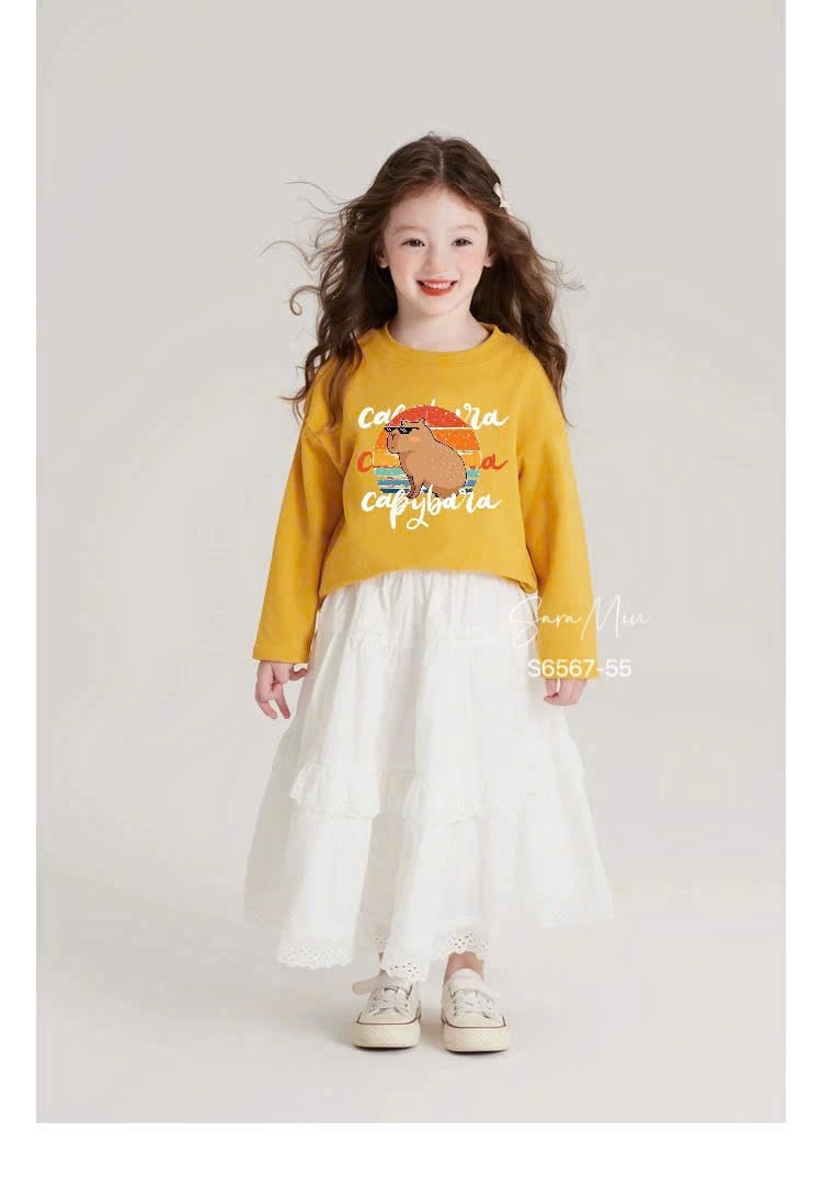Set váy Sara Min áo nỉ da cá Capybara + chân váy thô ren dài size 2-12y