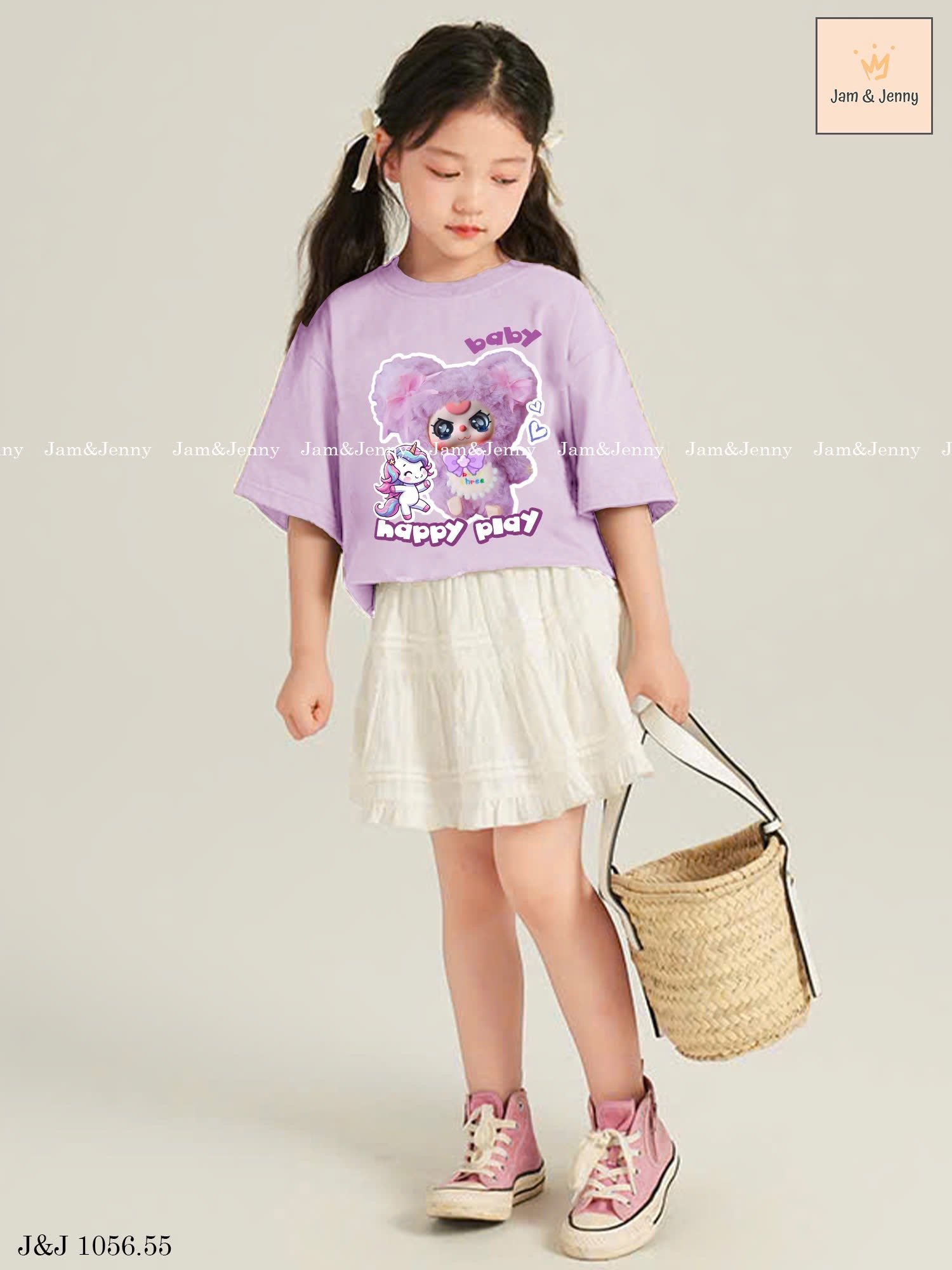 JJ 1056 - Bộ Jam & Jenny Baby Three khỉ tím áo tím + chân váy trắng bé gái size 2-12y