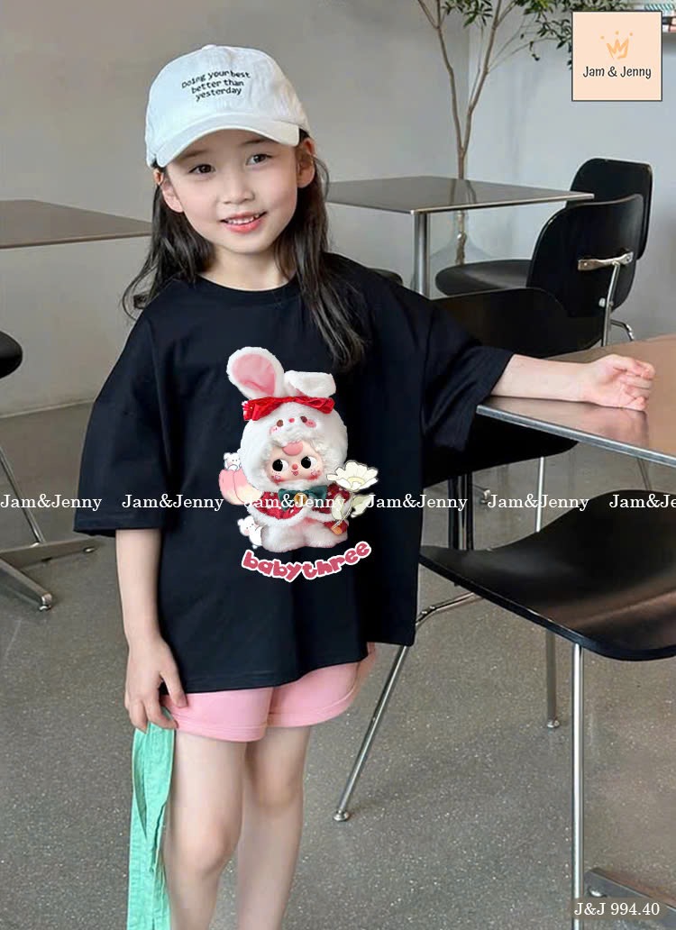 JJ 994 - Bộ Jam & Jenny áo đen Baby Three thỏ trắng + Quần short hồng bé gái size 2-12y