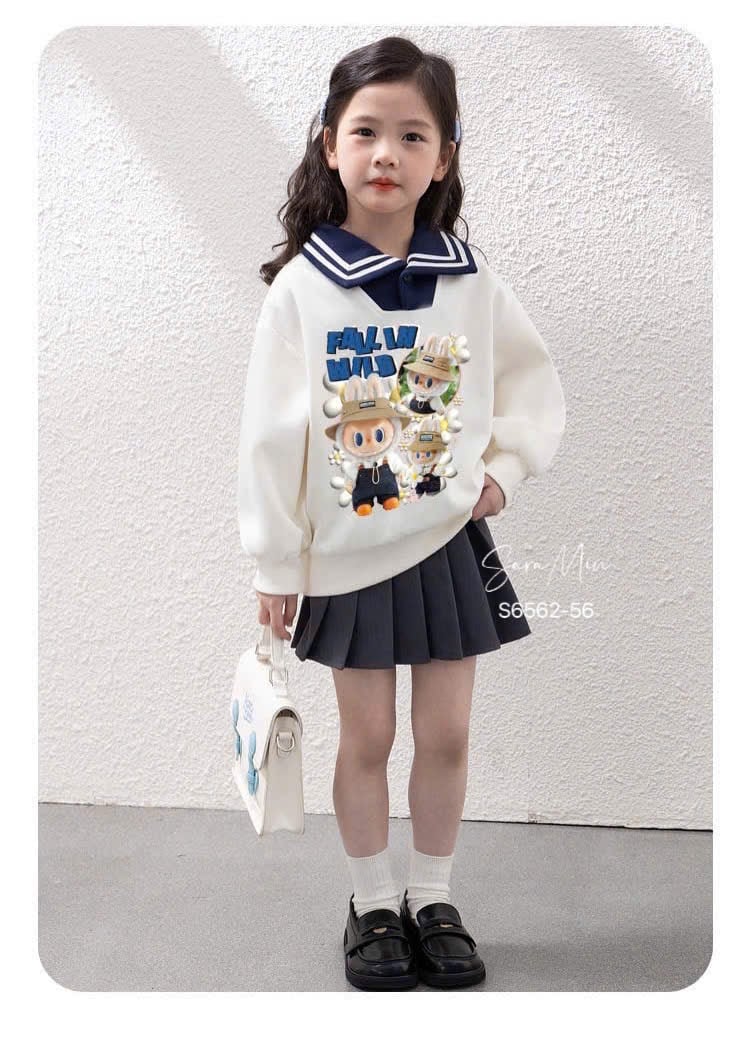 Set bộ Sara Min Labubu áo cổ thủy thủ + chân váy xếp ly bé gái size 2-12y