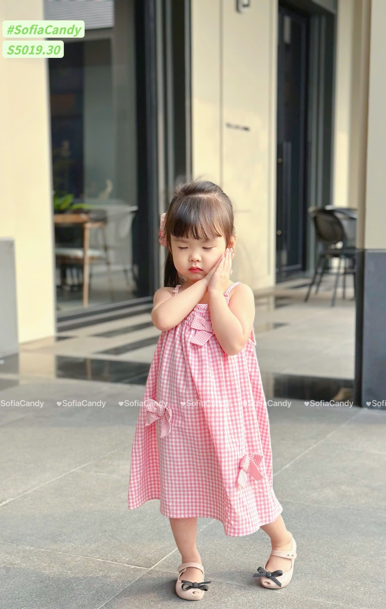 S5019 - Váy linen Sofia Candy hai dây caro hồng / caro nâu đính nơ size 1 - 10y