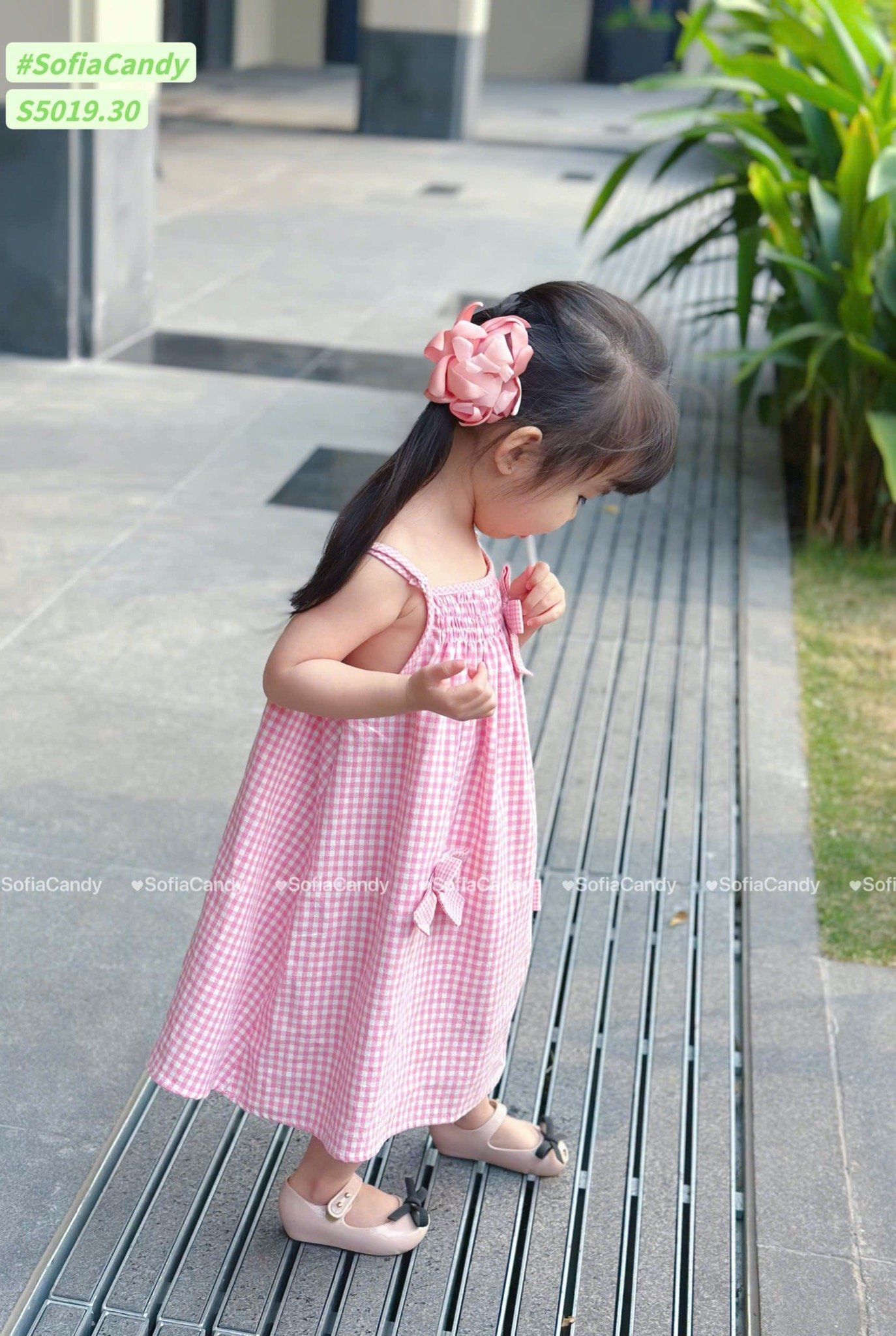 S5019 - Váy linen Sofia Candy hai dây caro hồng / caro nâu đính nơ size 1 - 10y
