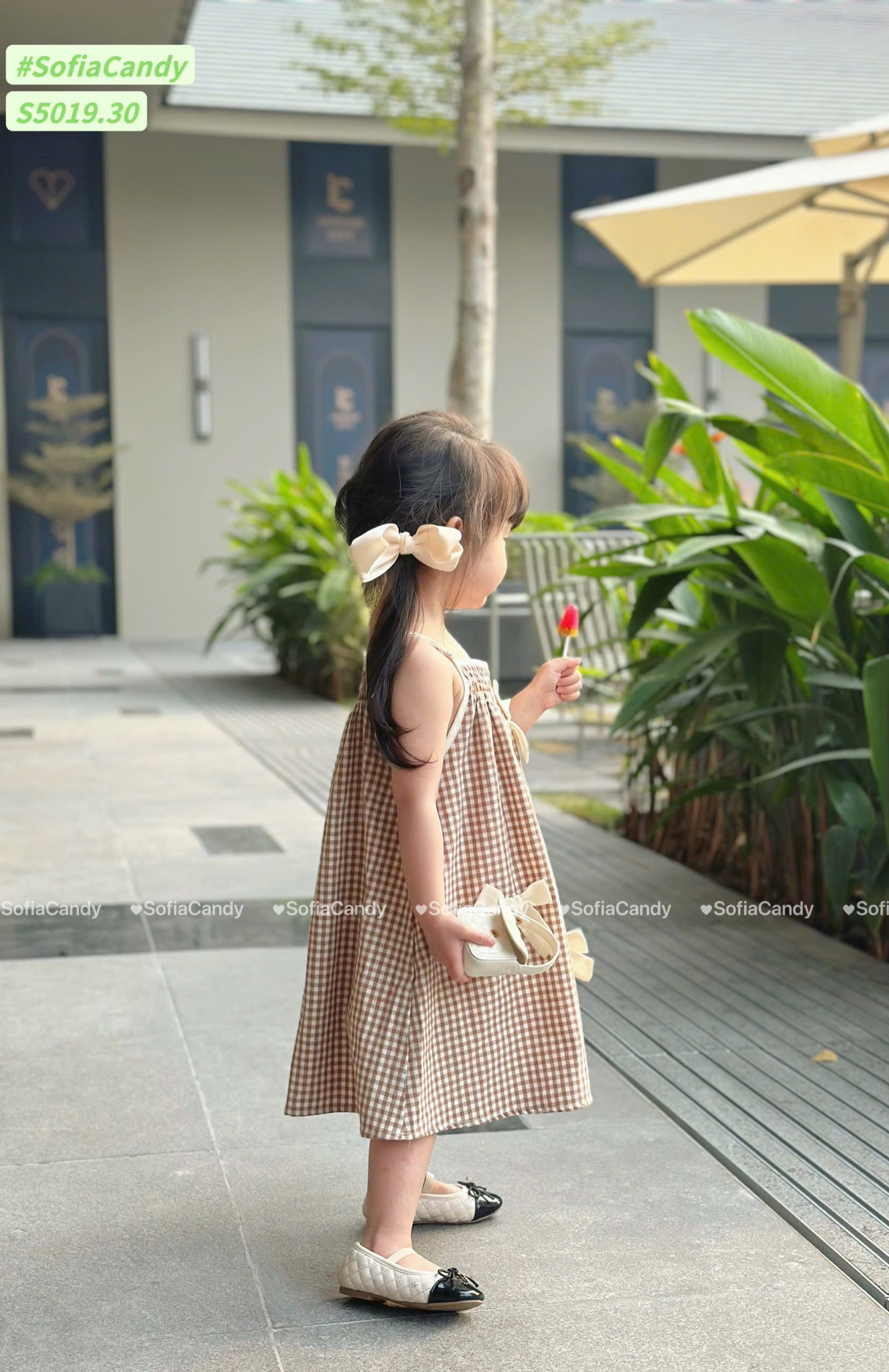 S5019 - Váy linen Sofia Candy hai dây caro hồng / caro nâu đính nơ size 1 - 10y
