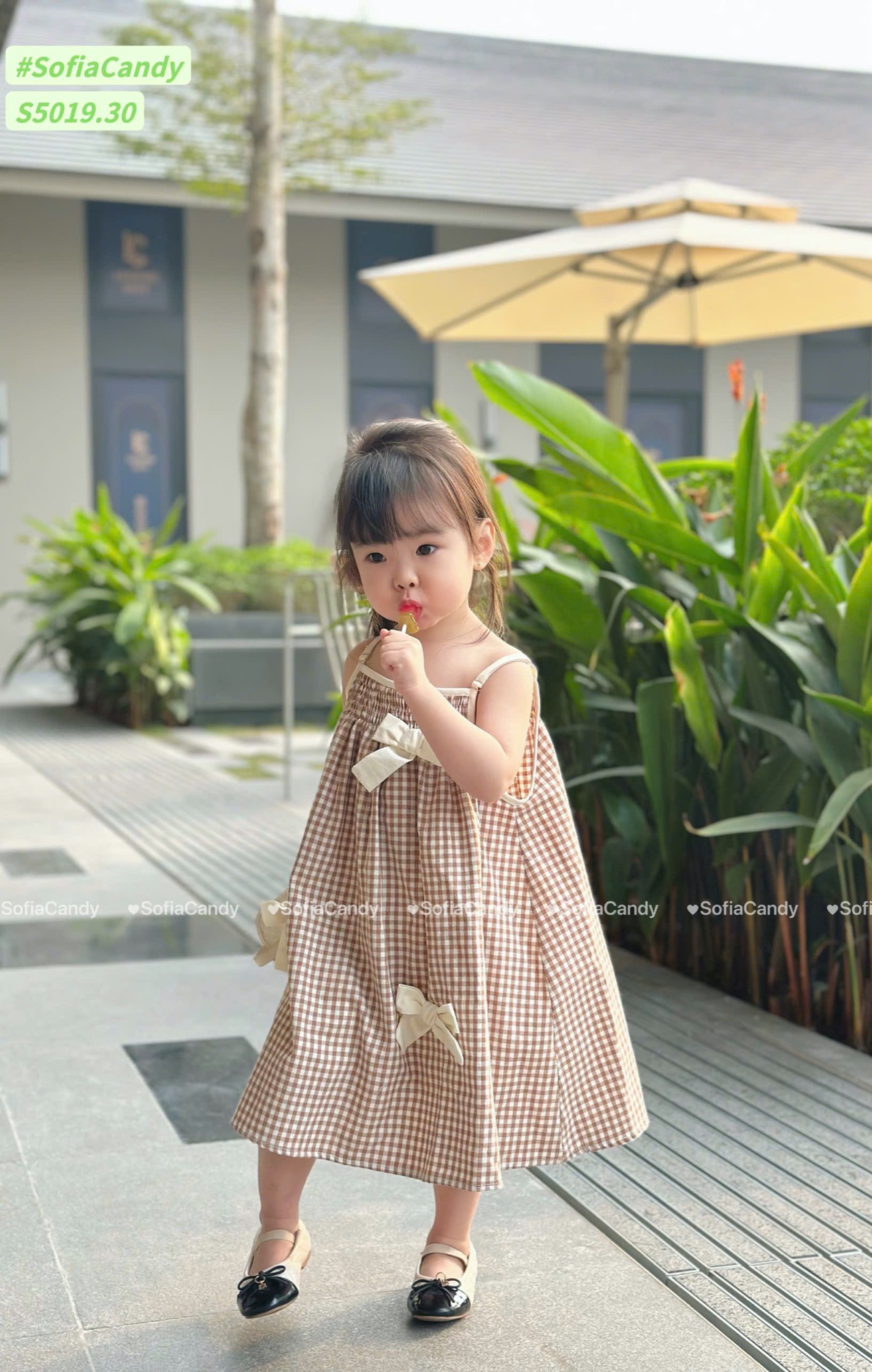 S5019 - Váy linen Sofia Candy hai dây caro hồng / caro nâu đính nơ size 1 - 10y
