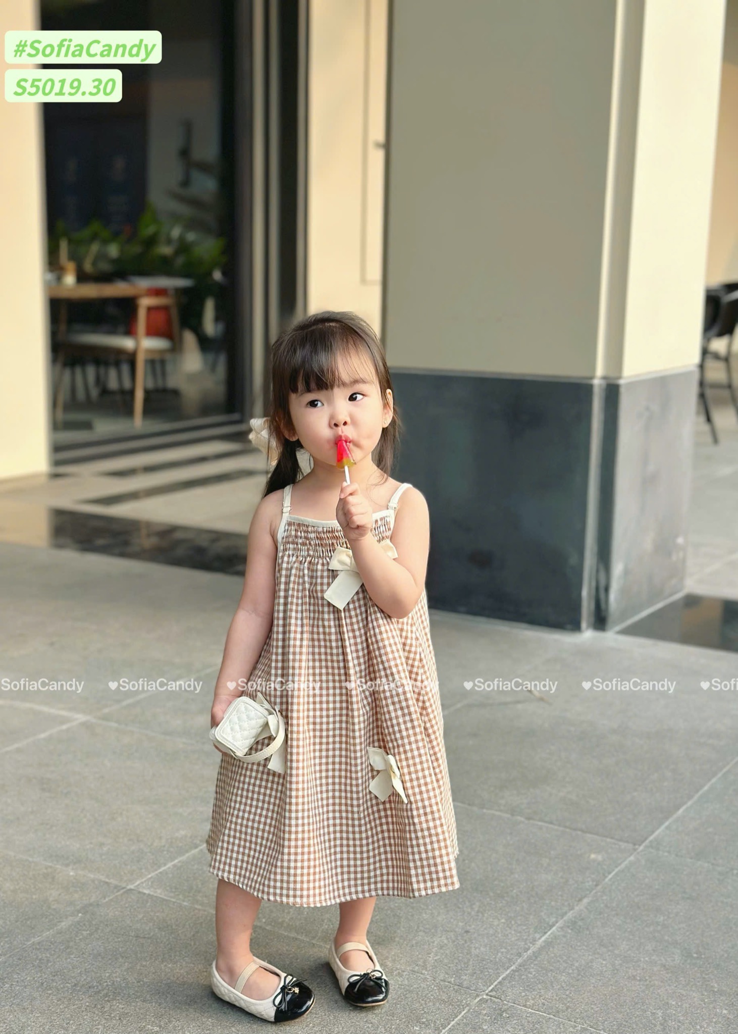 S5019 - Váy linen Sofia Candy hai dây caro hồng / caro nâu đính nơ size 1 - 10y