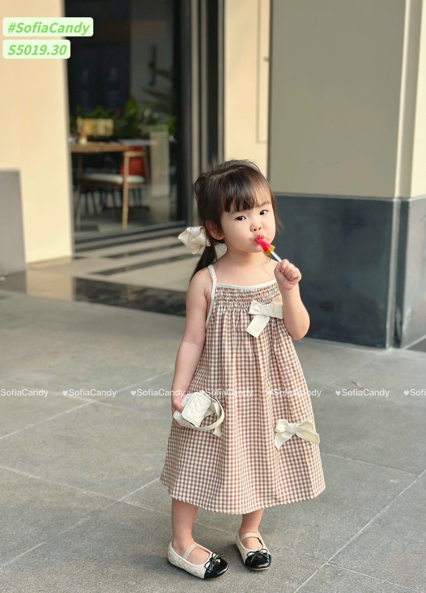 S5019 - Váy linen Sofia Candy hai dây caro hồng / caro nâu đính nơ size 1 - 10y