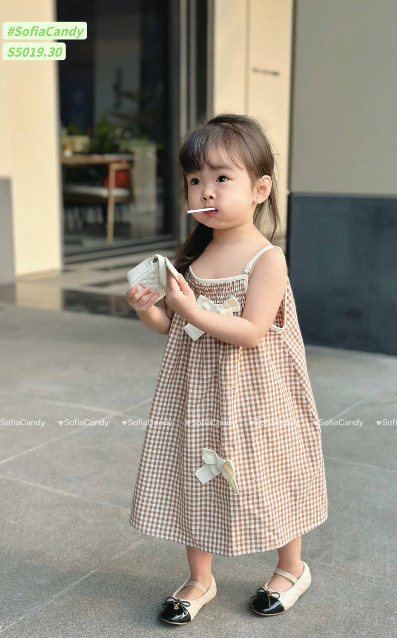 S5019 - Váy linen Sofia Candy hai dây caro hồng / caro nâu đính nơ size 1 - 10y