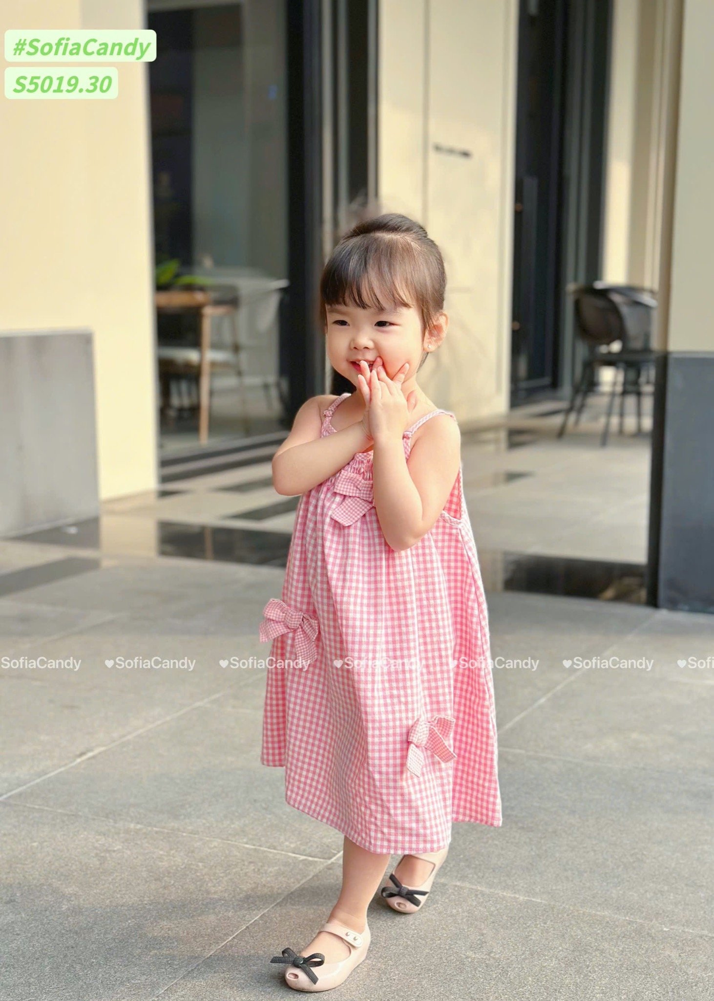S5019 - Váy linen Sofia Candy hai dây caro hồng / caro nâu đính nơ size 1 - 10y