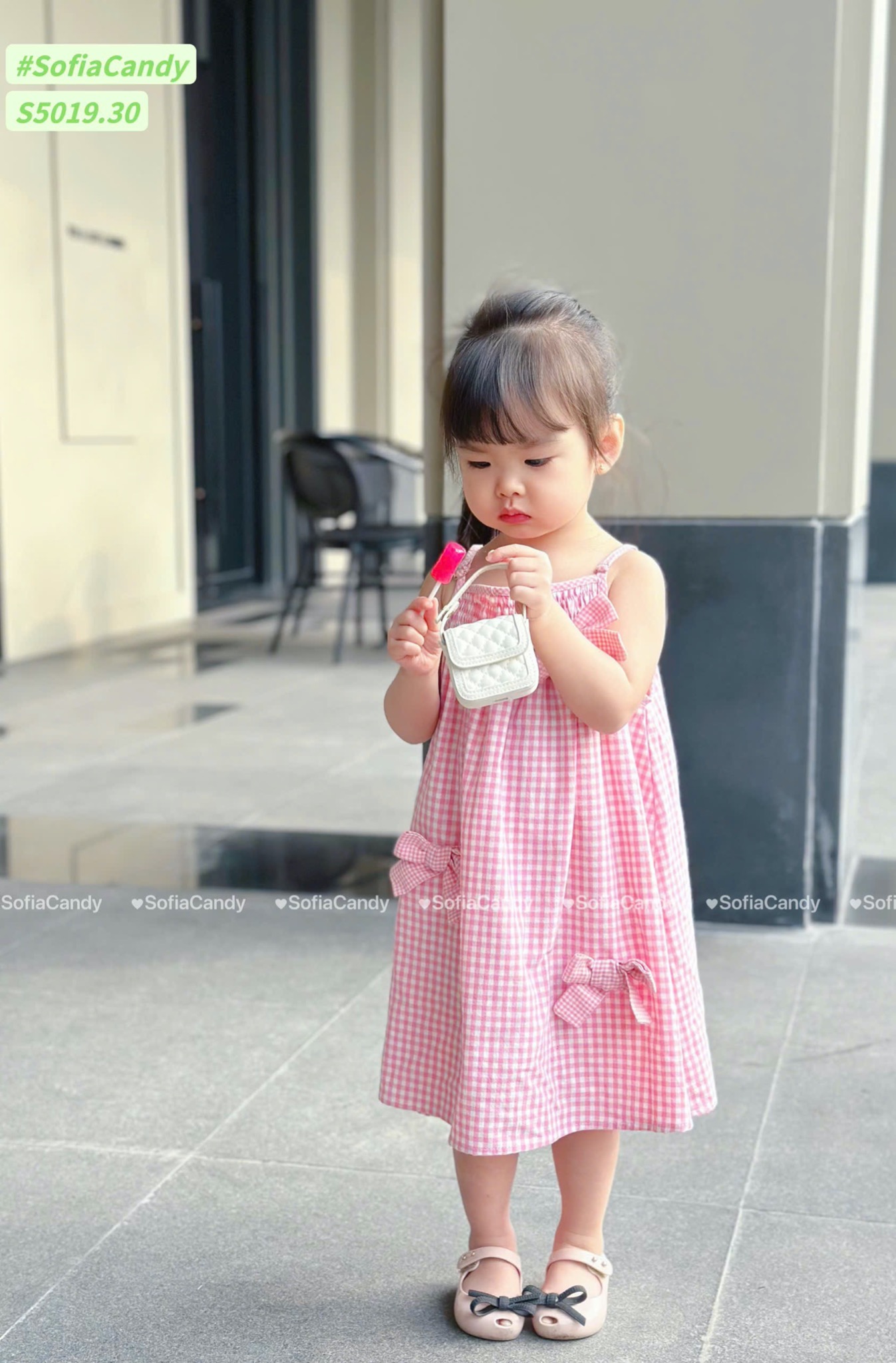 S5019 - Váy linen Sofia Candy hai dây caro hồng / caro nâu đính nơ size 1 - 10y