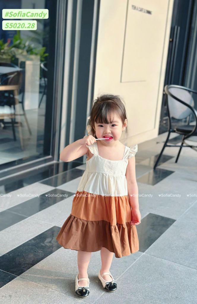 S5020 - Váy Sofia Candy hai dây cánh tiên kem phối nâu 3 tầng size 1 - 10y