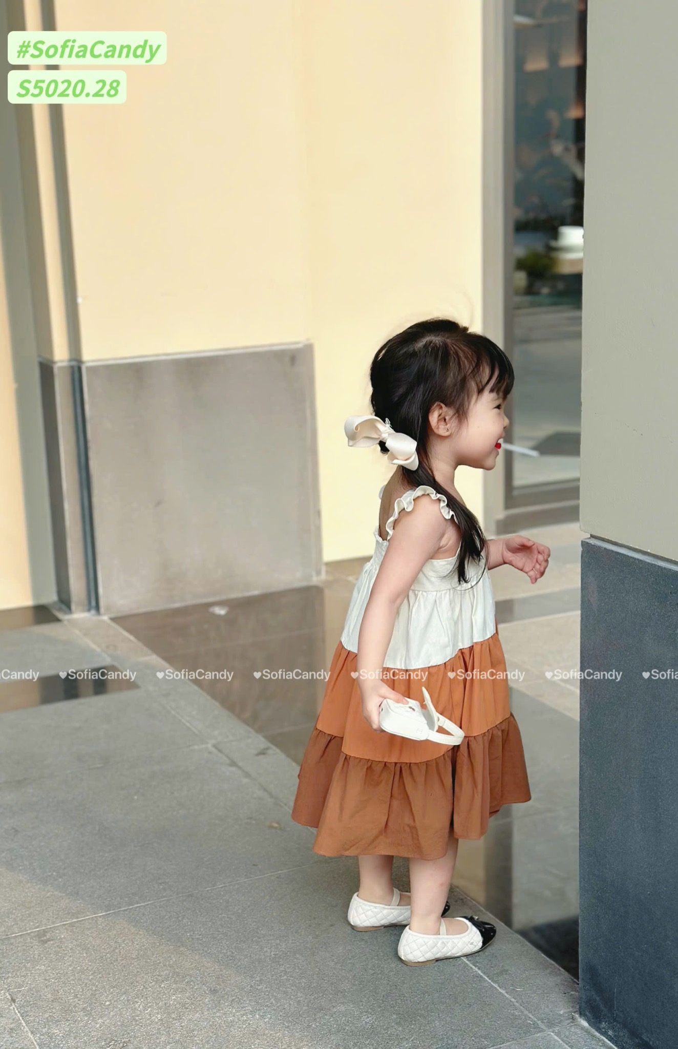 S5020 - Váy Sofia Candy hai dây cánh tiên kem phối nâu 3 tầng size 1 - 10y
