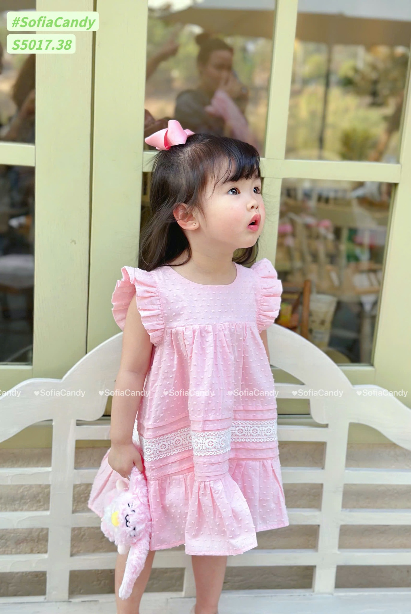 S5017 - Váy Sofia Candy thô hạt gạo chân xòe phối ren 2 màu trắng / hồng size 1 - 10y