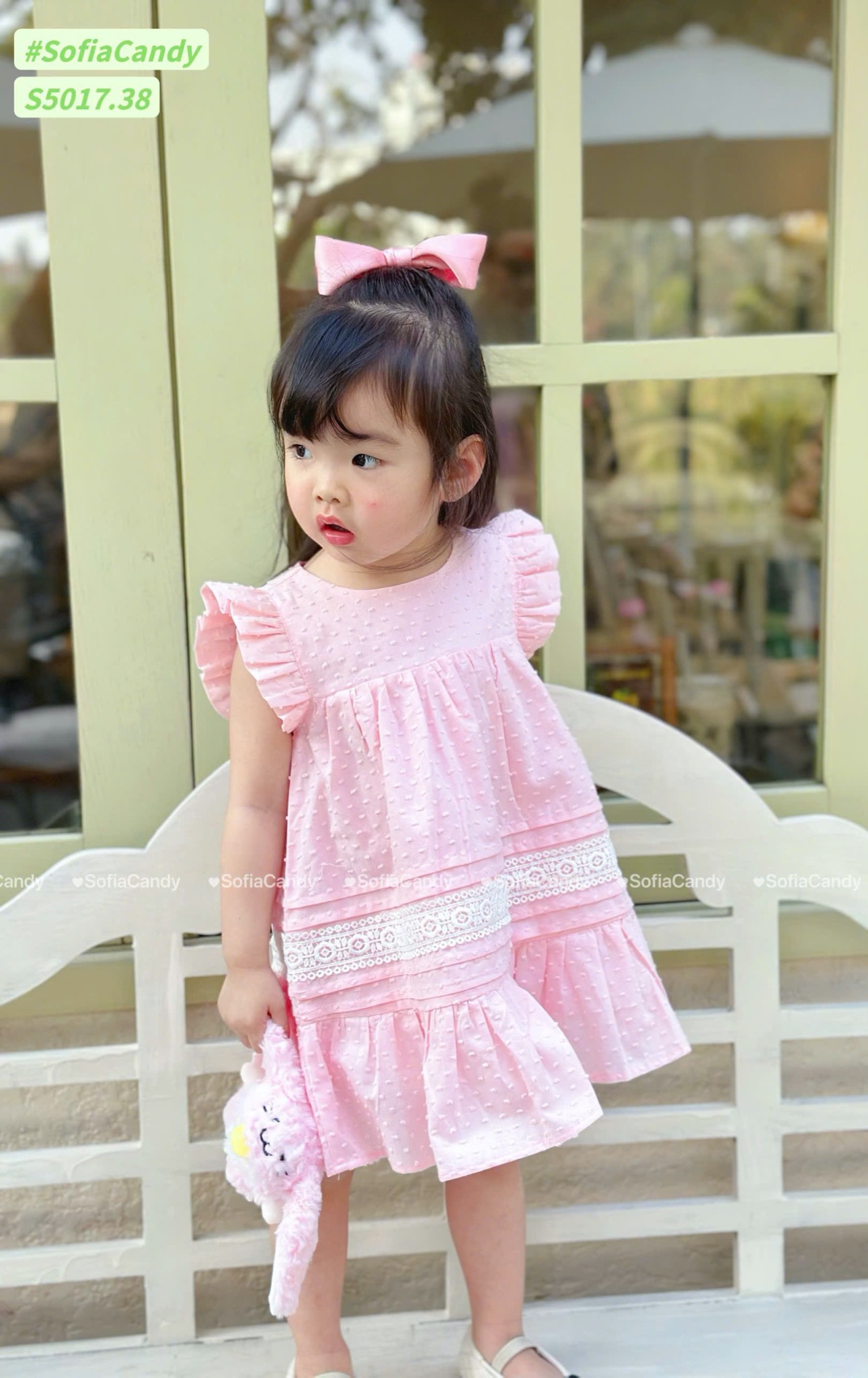 S5017 - Váy Sofia Candy thô hạt gạo chân xòe phối ren 2 màu trắng / hồng size 1 - 10y