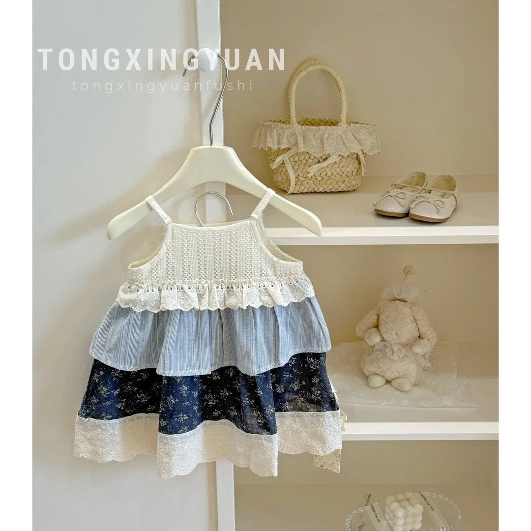 Váy QC 2 dây phối tầng nhiều màu tone trắng xanh bé gái size 90-140