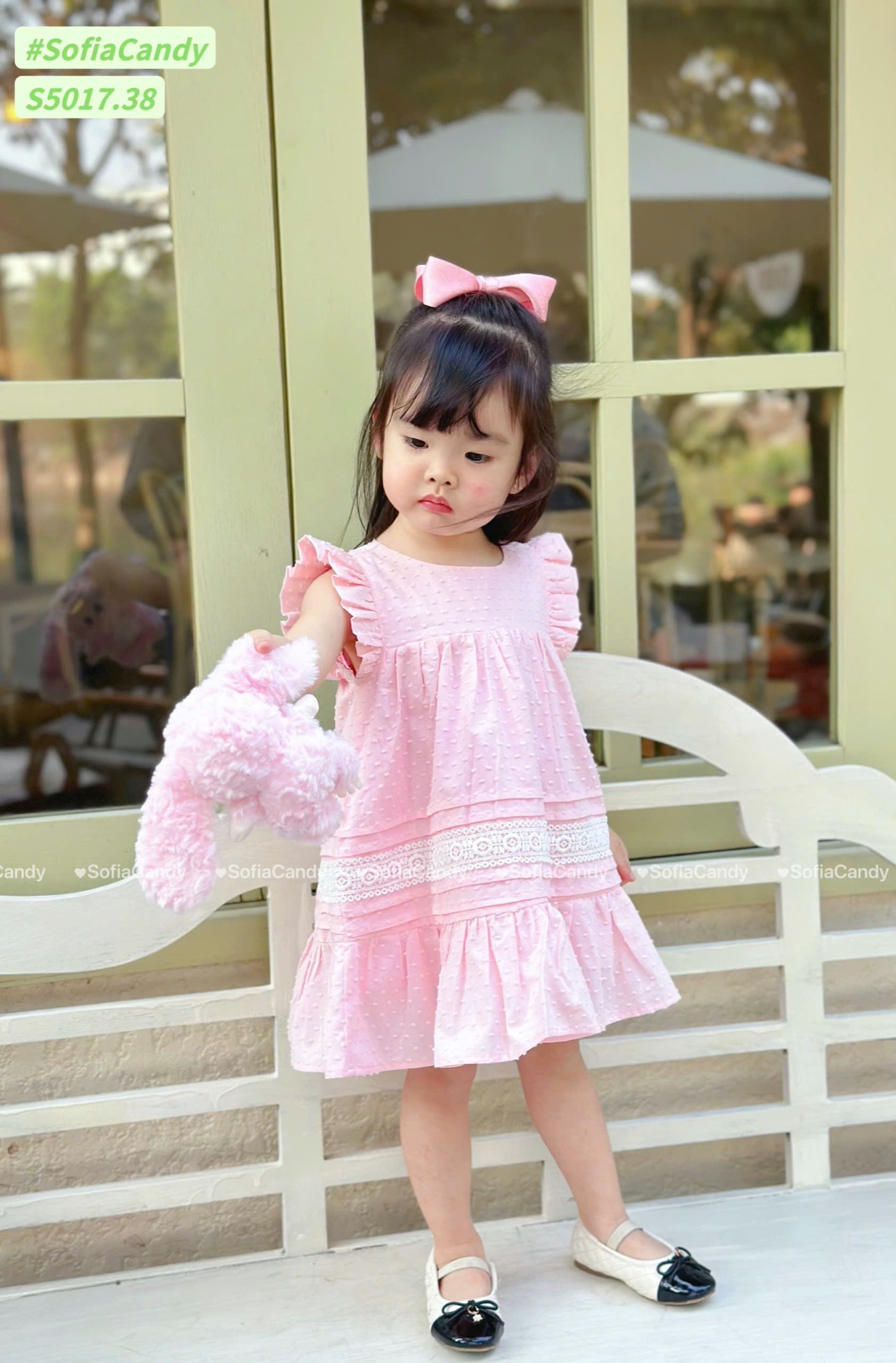 S5017 - Váy Sofia Candy thô hạt gạo chân xòe phối ren 2 màu trắng / hồng size 1 - 10y