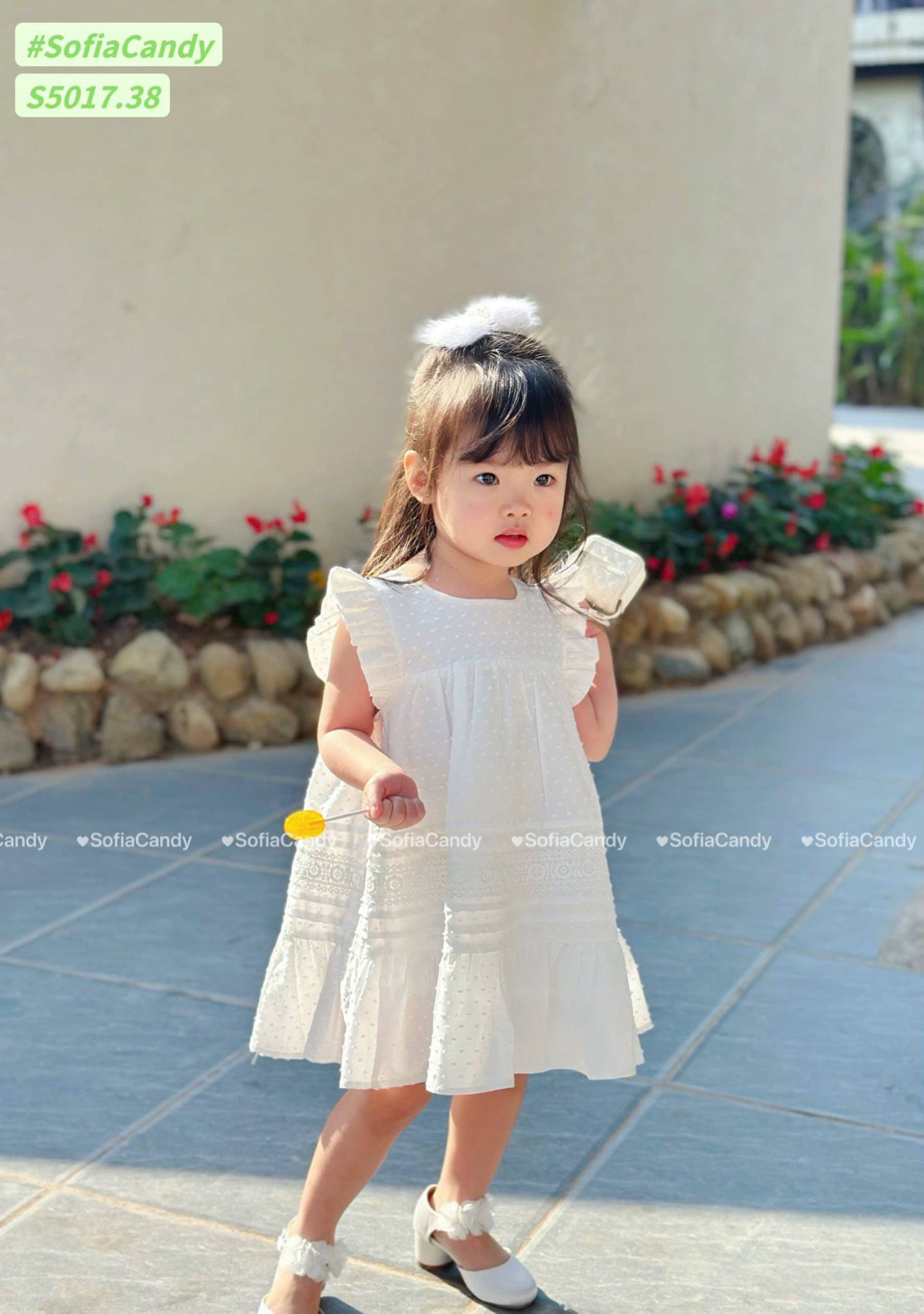 S5017 - Váy Sofia Candy thô hạt gạo chân xòe phối ren 2 màu trắng / hồng size 1 - 10y